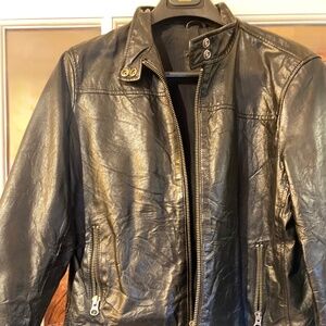 GAP Black Wrinkled Leather Moto Jacket, Size L